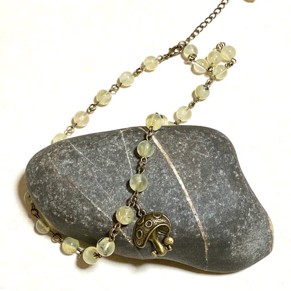 Natural Yellow Green Prehnite Necklace, Bronze Round Mushroom + Genuine Gemstone - Picture 14 of 16